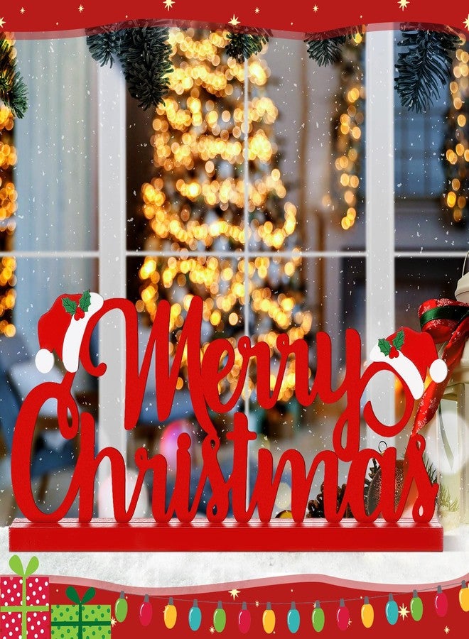 Realspring Merry Christmas Metal Sign Red Christmas Table Decoration Xmas Tiered Tray Decor Freestanding Metal Word Sign with Wooden Base for Xmas Home Tabletop Centerpiece Mantel Fireplace - Image 4